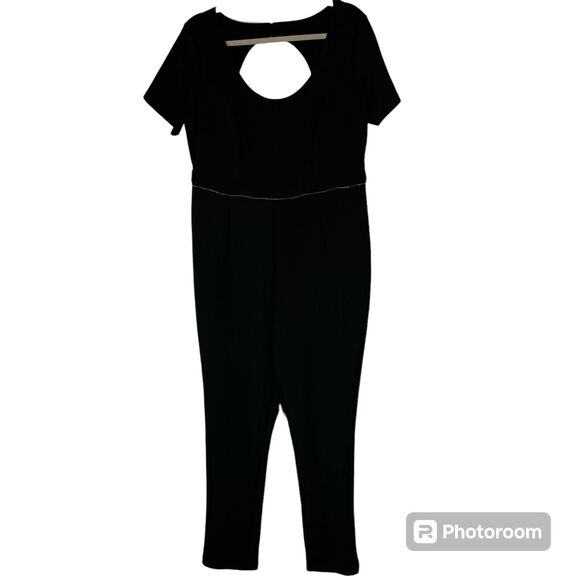Eloquii Women’s Jumpsuit Sz 14 Black Open Back Zip Off Peplum Scuba Knit - Picture 2 of 9